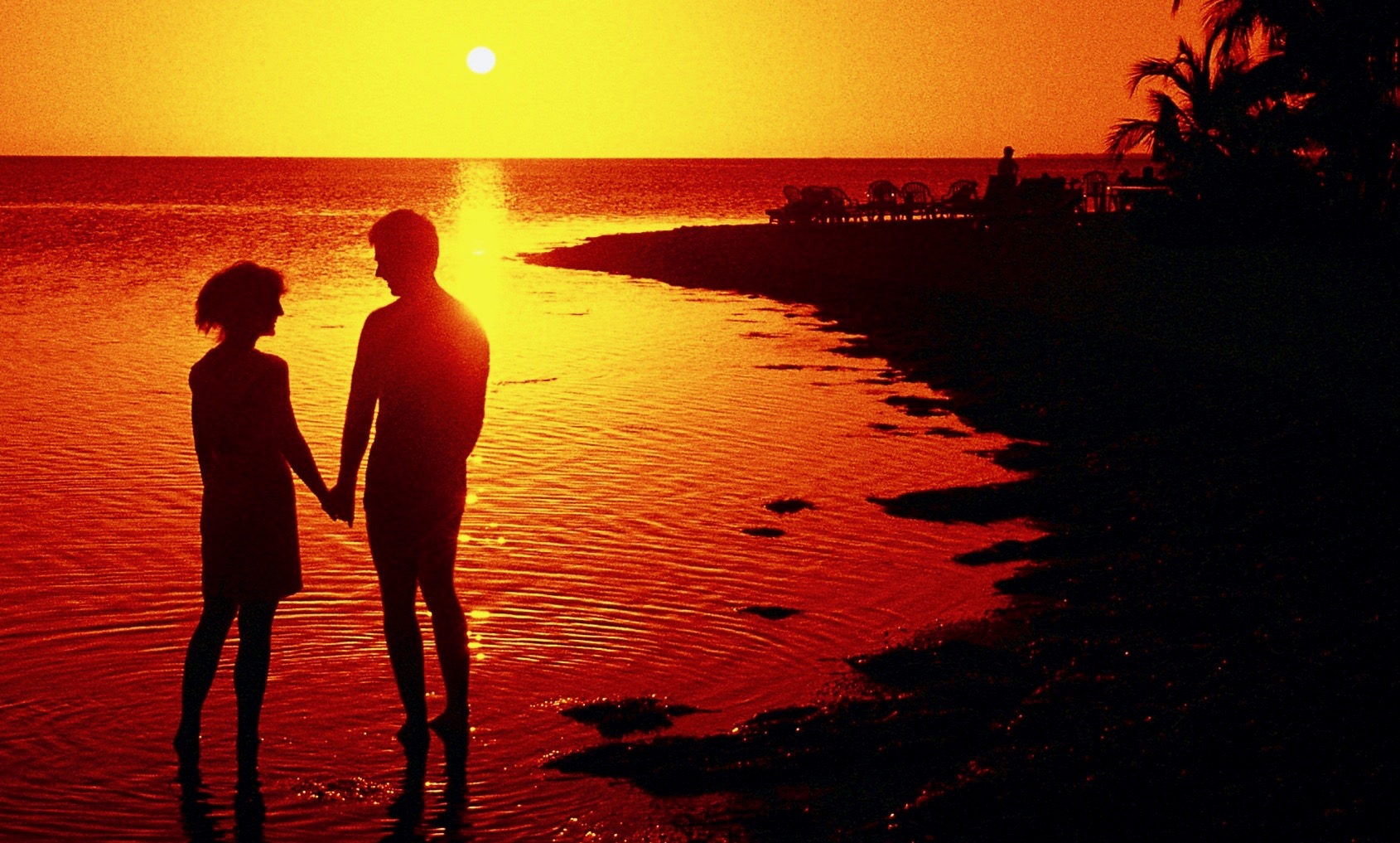 Silhouette of a man and woman holding hands on a beach at sunset