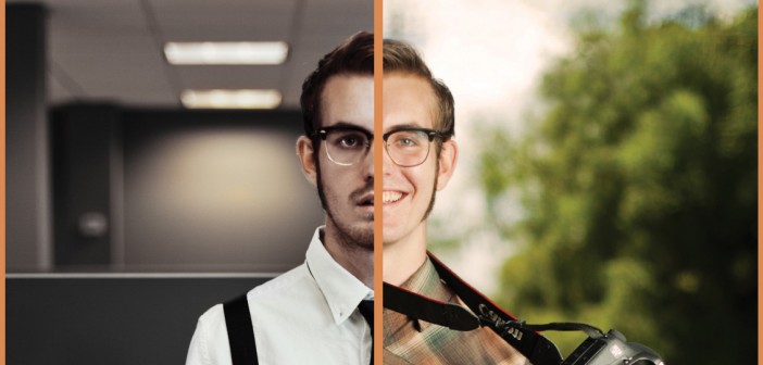 Split picture of a man in a traditional office job versus his true dream of being a photographer.
